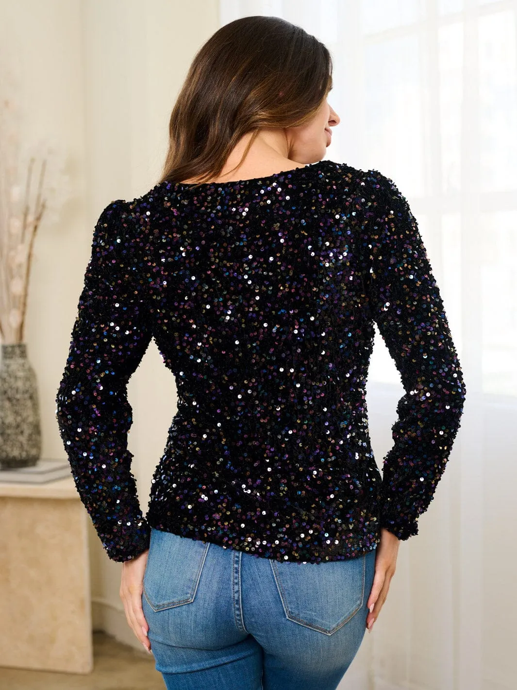 WOMEN'S LONG SLEEVE V-NECK SEQUINS BLOUSE TOP