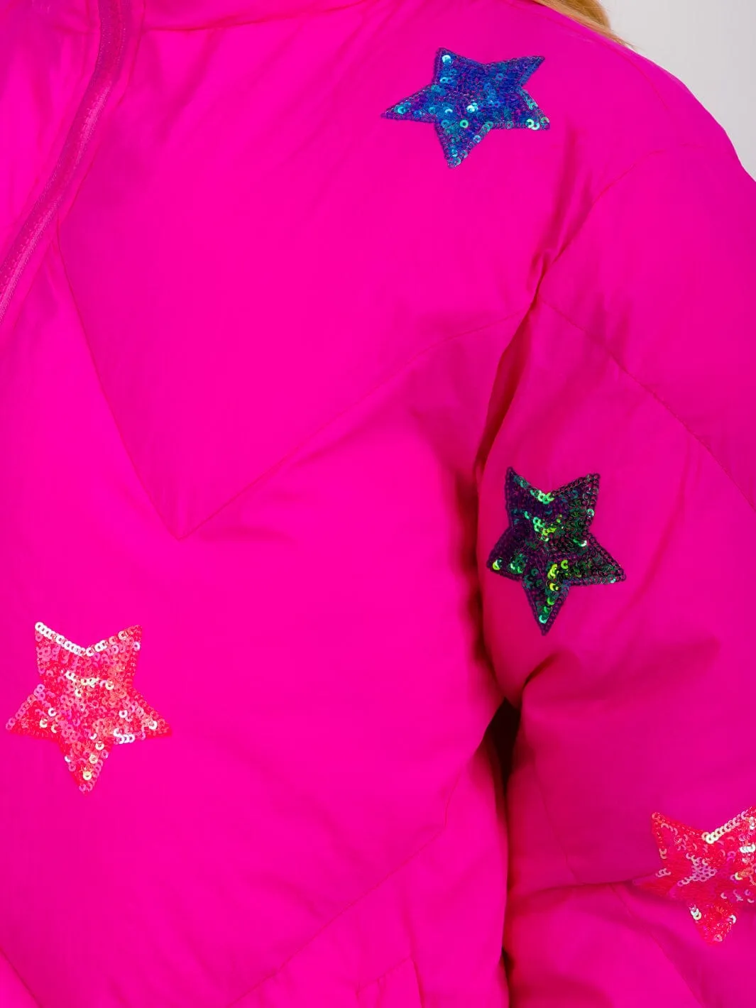 WOMEN'S LONG SLEEVES ZIP UP FRONT POCKETS STAR SEQUINS PRINT PUFFER JACKET