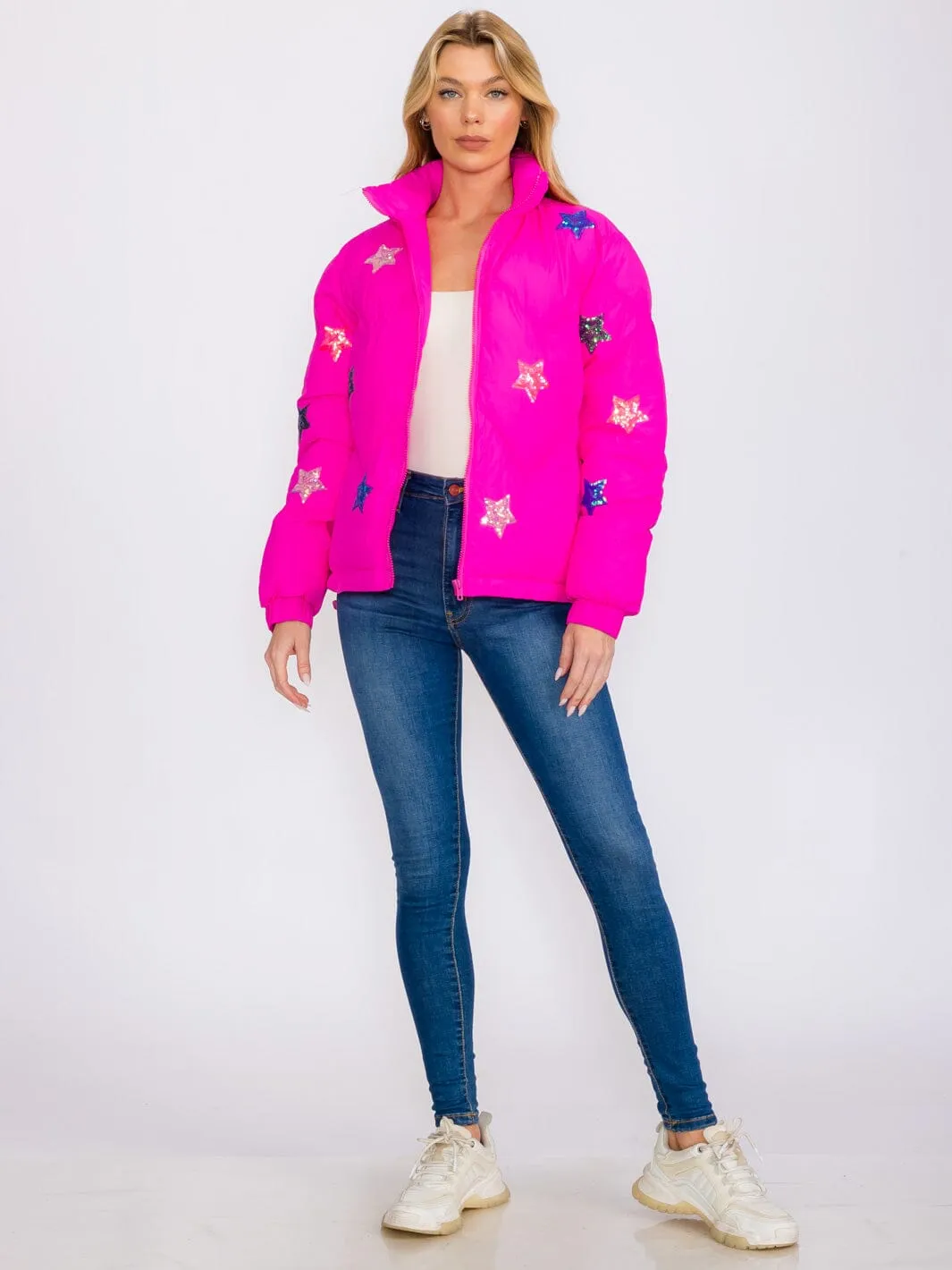 WOMEN'S LONG SLEEVES ZIP UP FRONT POCKETS STAR SEQUINS PRINT PUFFER JACKET