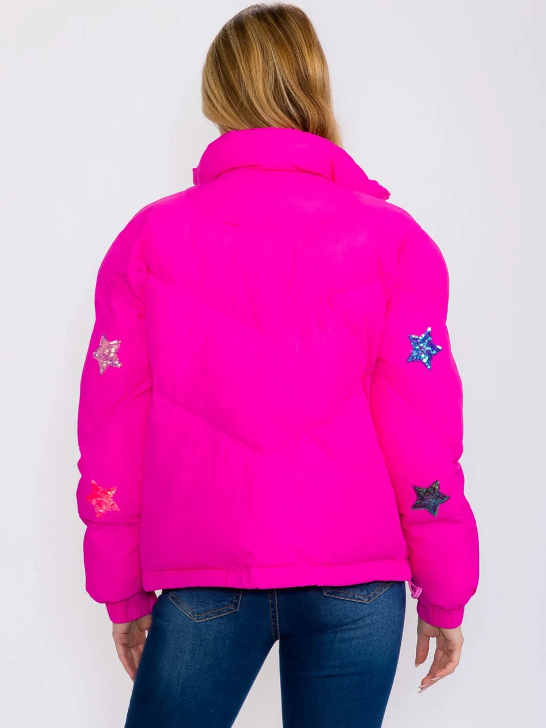 WOMEN'S LONG SLEEVES ZIP UP FRONT POCKETS STAR SEQUINS PRINT PUFFER JACKET