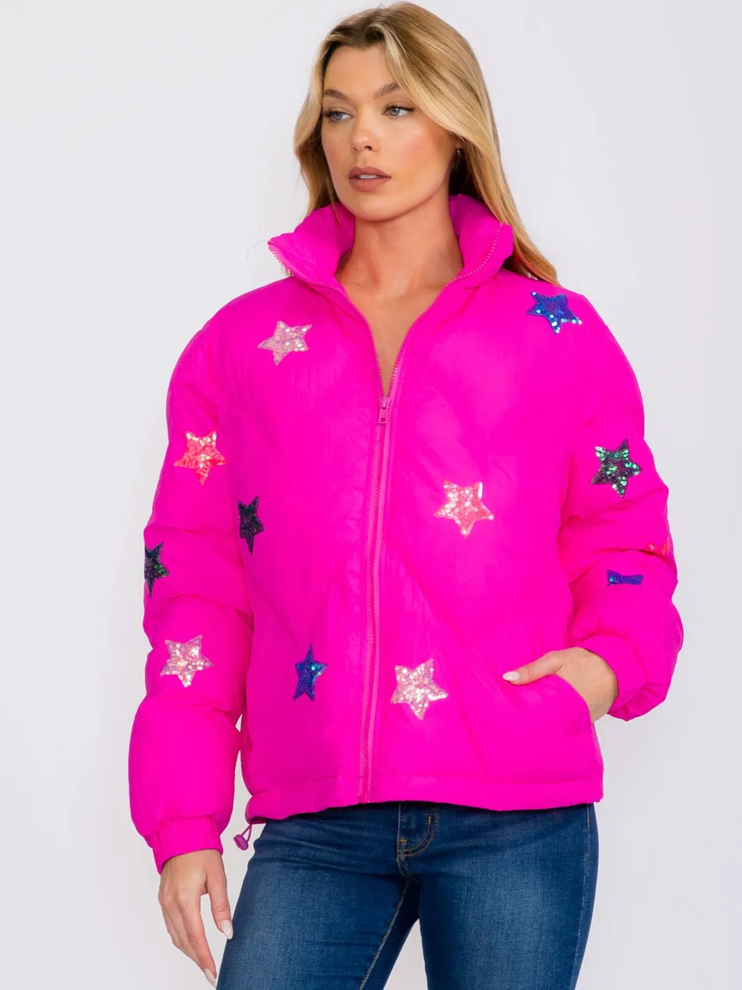 WOMEN'S LONG SLEEVES ZIP UP FRONT POCKETS STAR SEQUINS PRINT PUFFER JACKET