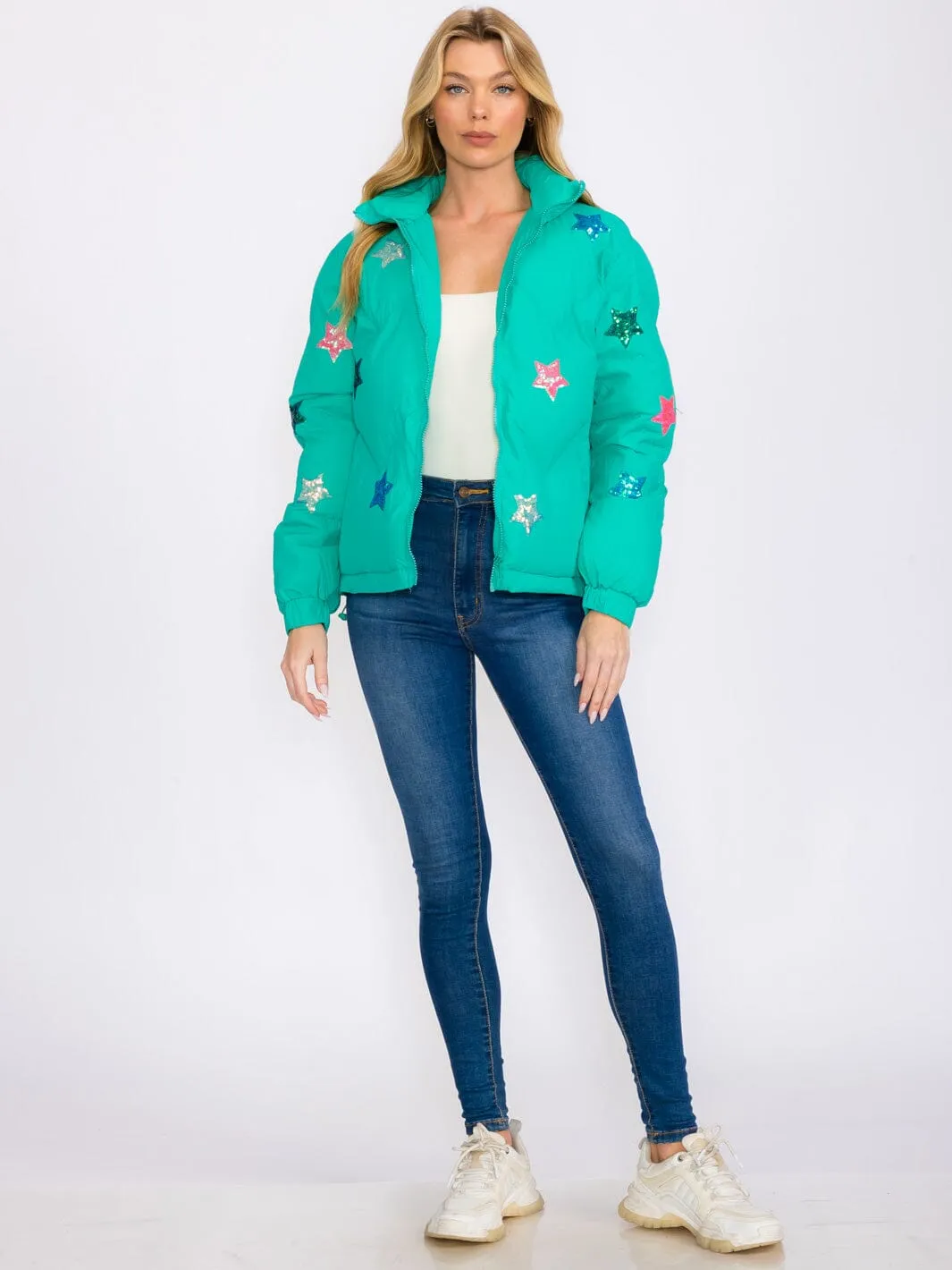 WOMEN'S LONG SLEEVES ZIP UP FRONT POCKETS STAR SEQUINS PRINT PUFFER JACKET