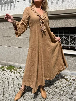 Women's Ruffled V-neck Cotton and Linen Dress
