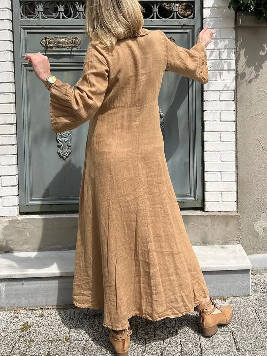 Women's Ruffled V-neck Cotton and Linen Dress