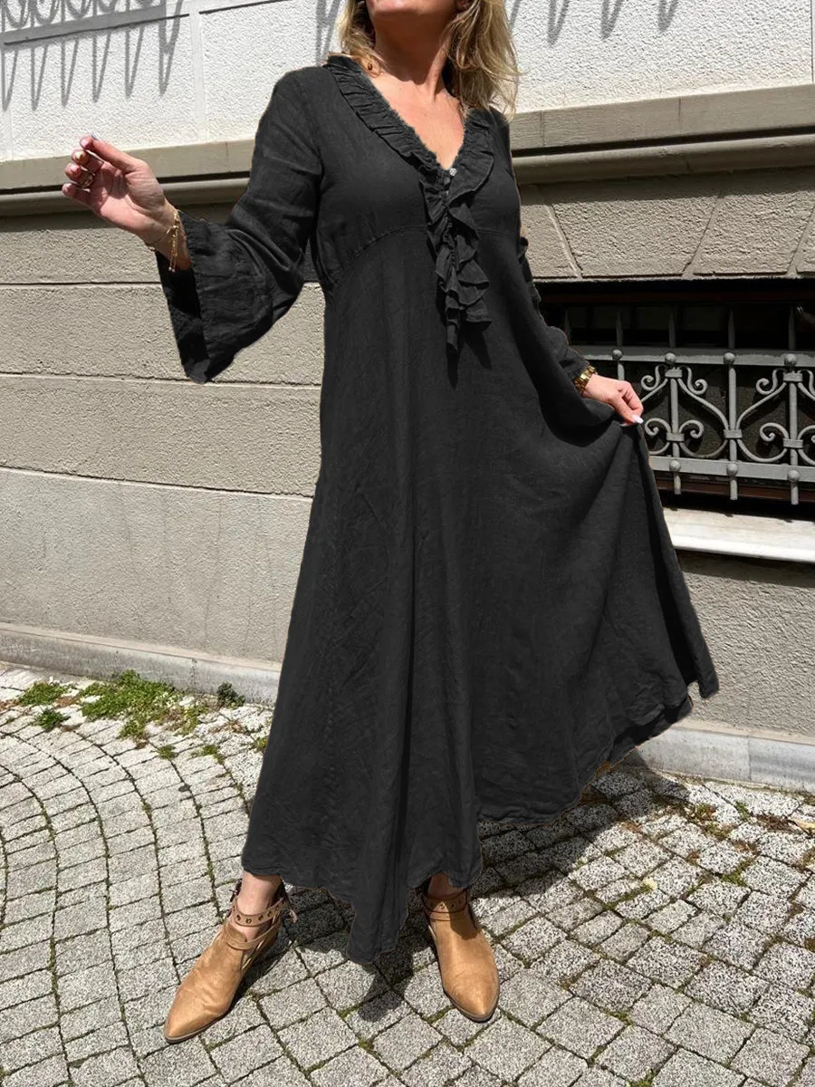 Women's Ruffled V-neck Cotton and Linen Dress