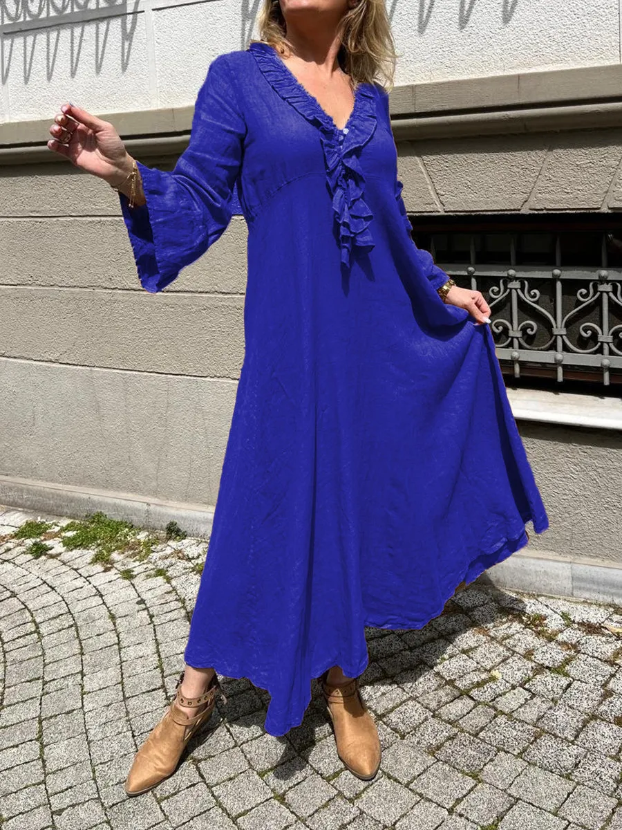 Women's Ruffled V-neck Cotton and Linen Dress