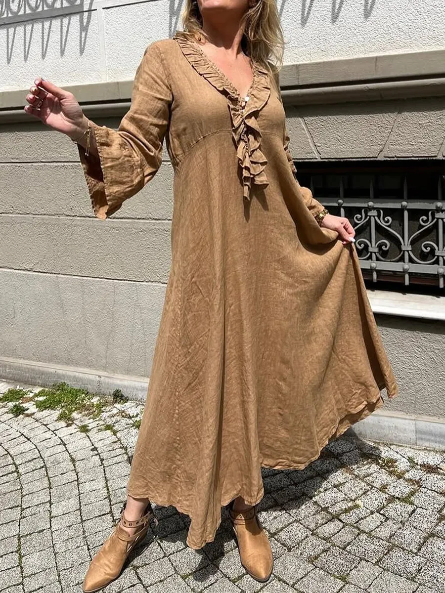 Women's Ruffled V-neck Cotton and Linen Dress