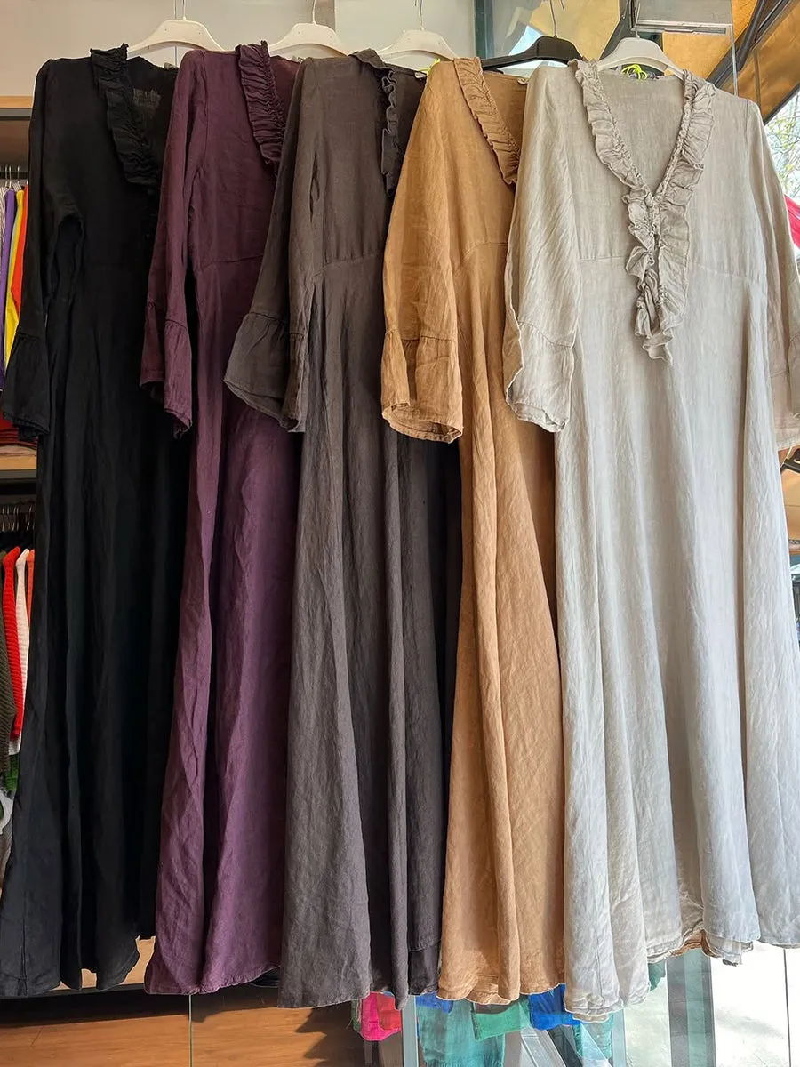 Women's Ruffled V-neck Cotton and Linen Dress