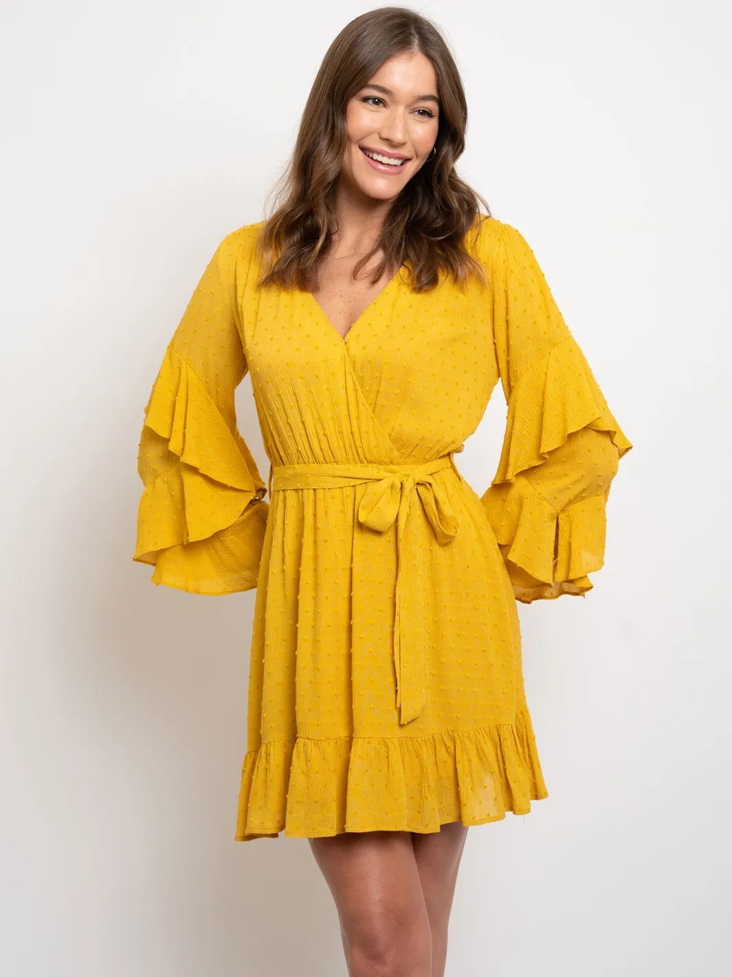 WOMEN'S SWISS DOTS RUFFLED SLEEVES DRESS