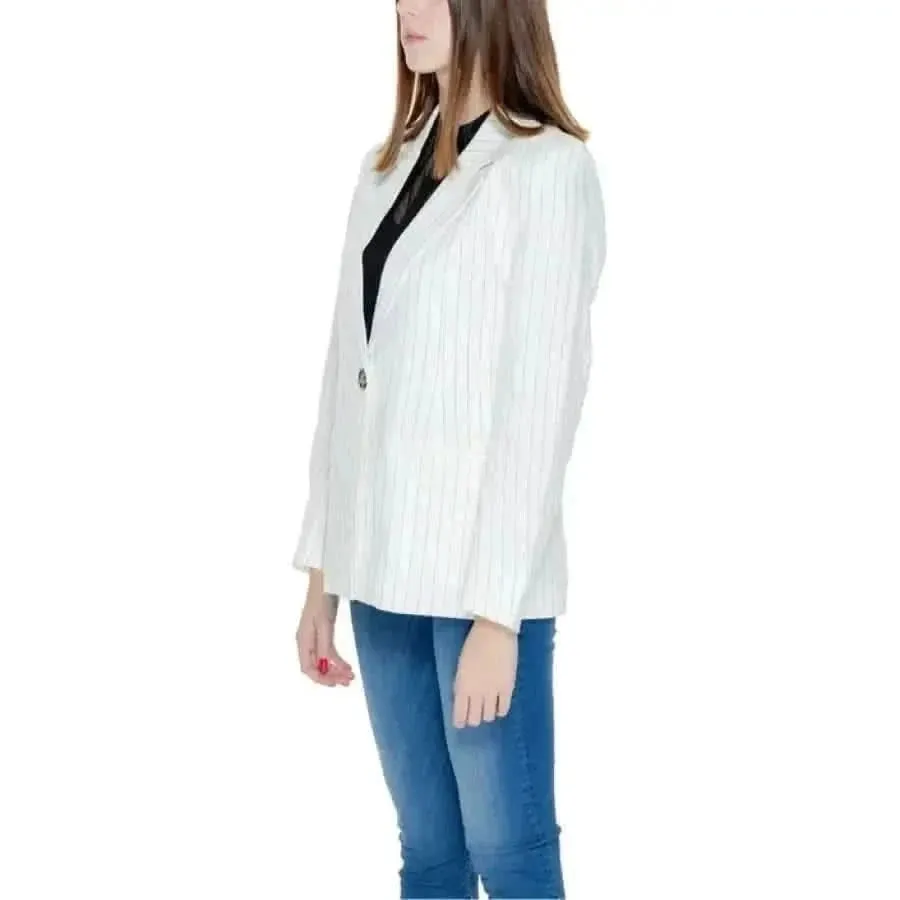 Women's White Pinstripe Blazer with Front Pockets