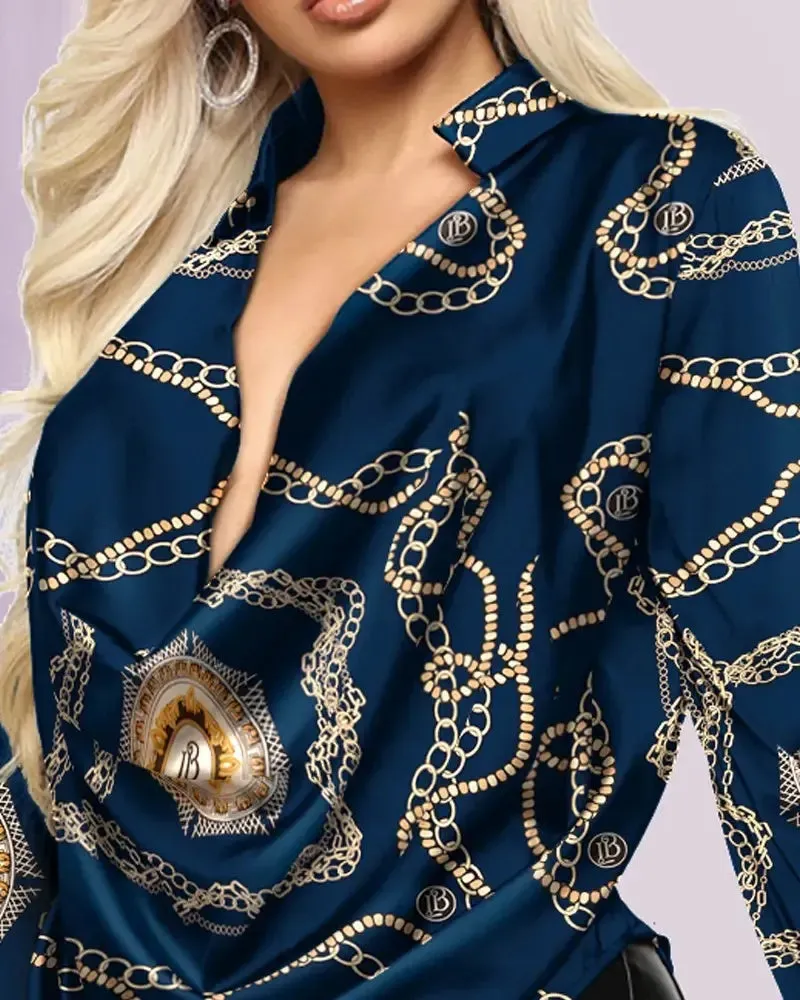 Xieyinshe - Baroque Chain Print Cowl Neck Long Sleeve Top