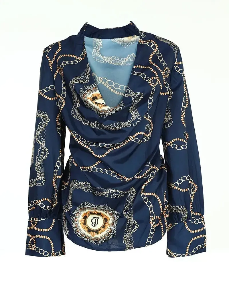Xieyinshe - Baroque Chain Print Cowl Neck Long Sleeve Top