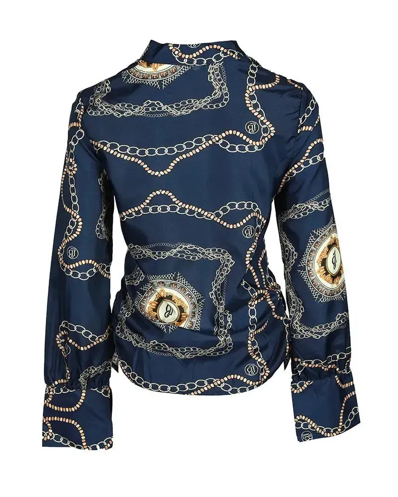 Xieyinshe - Baroque Chain Print Cowl Neck Long Sleeve Top