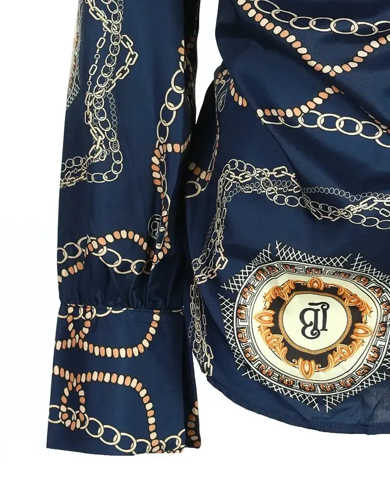Xieyinshe - Baroque Chain Print Cowl Neck Long Sleeve Top
