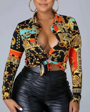 Xieyinshe - Baroque Print Long Sleeve Button Up Top