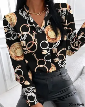 Xieyinshe - Baroque Scarf Print Long Sleeve Button Down Shirt