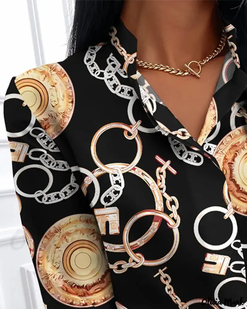 Xieyinshe - Baroque Scarf Print Long Sleeve Button Down Shirt