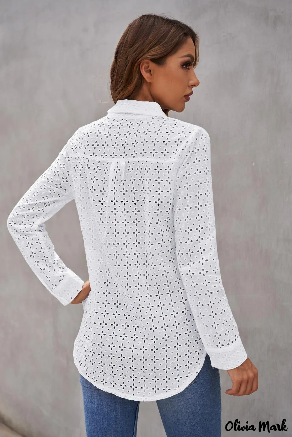 Xieyinshe - Black Hollow Out Floral Eyelet Long Sleeve Shirt