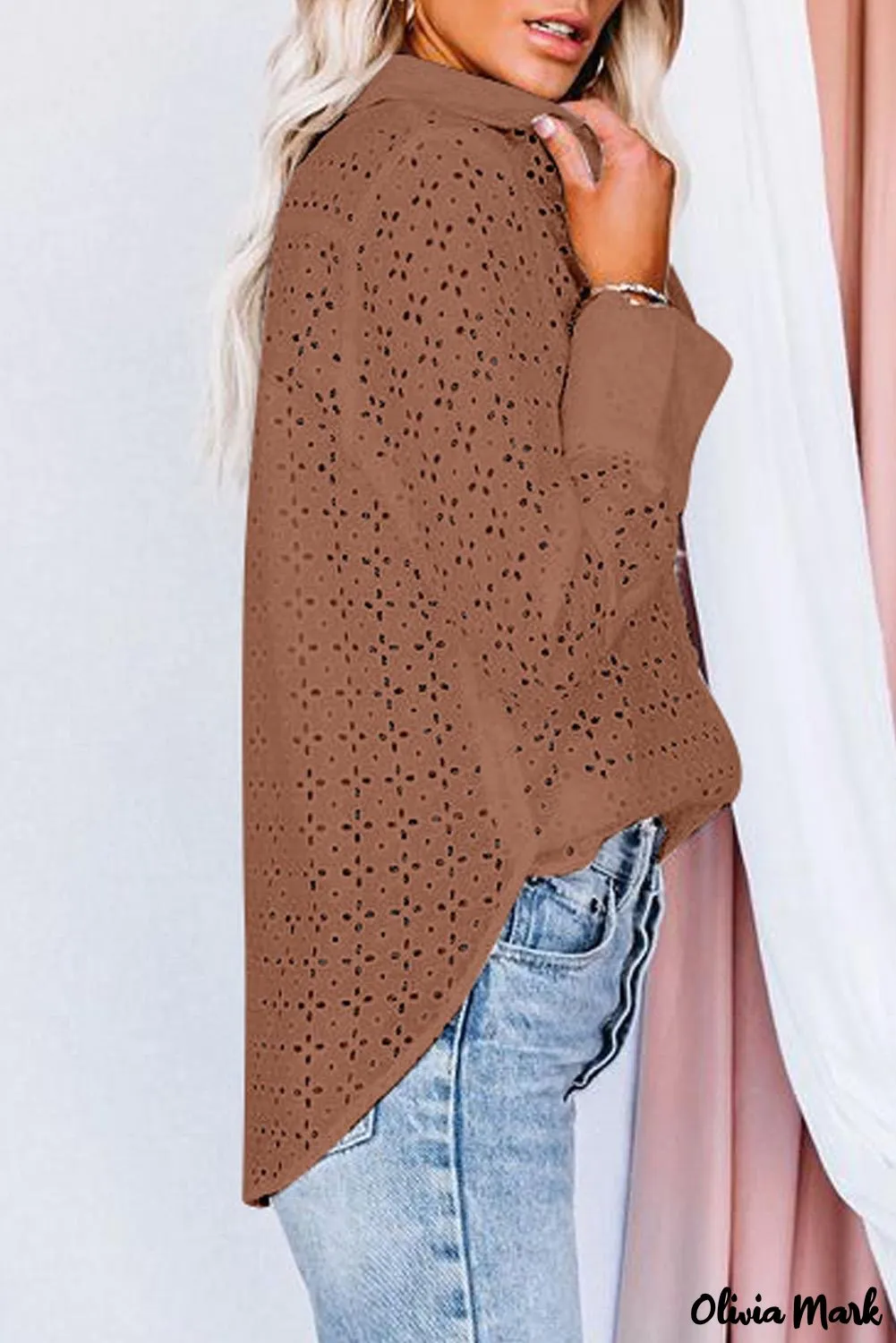 Xieyinshe - Black Hollow Out Floral Eyelet Long Sleeve Shirt