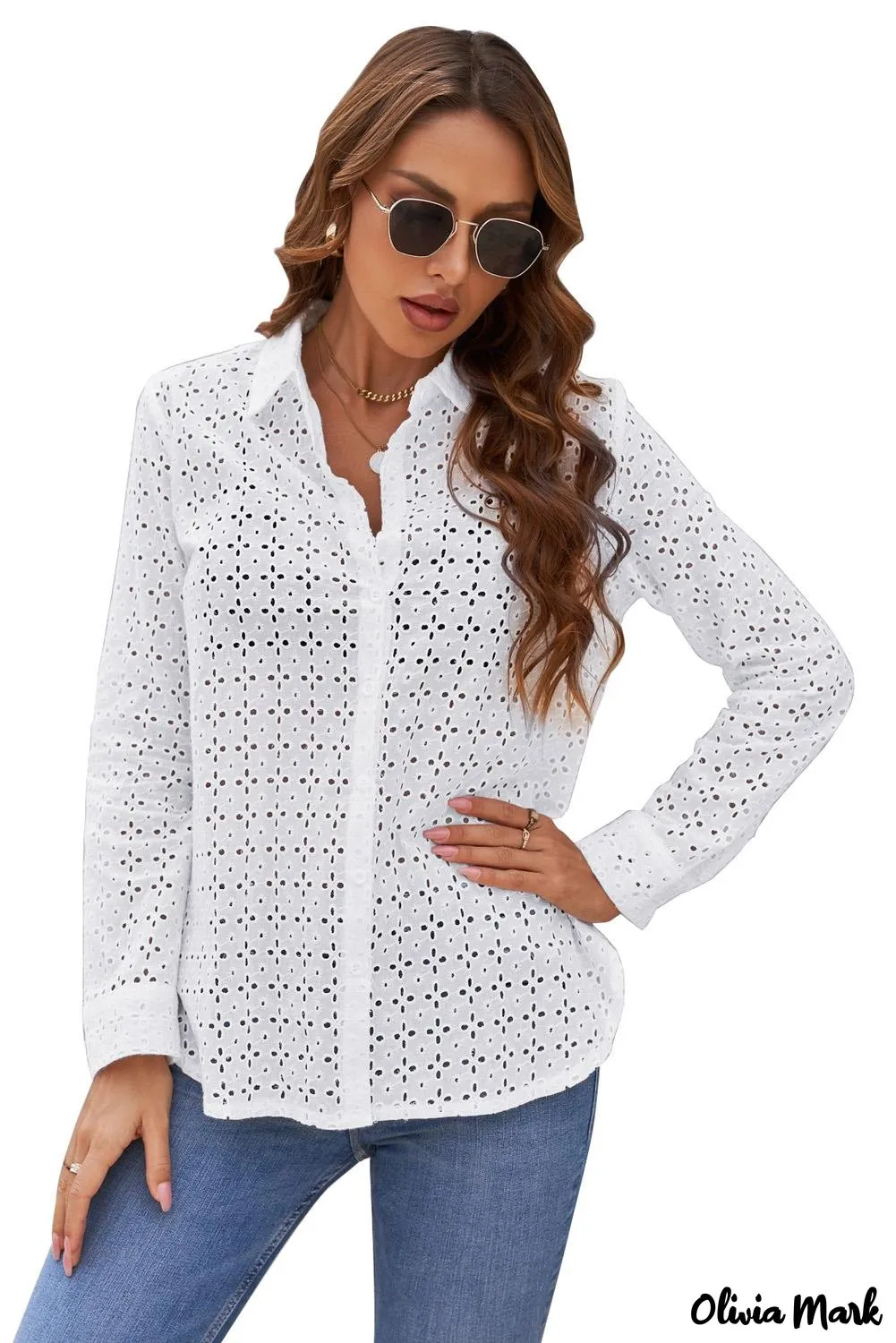 Xieyinshe - Black Hollow Out Floral Eyelet Long Sleeve Shirt