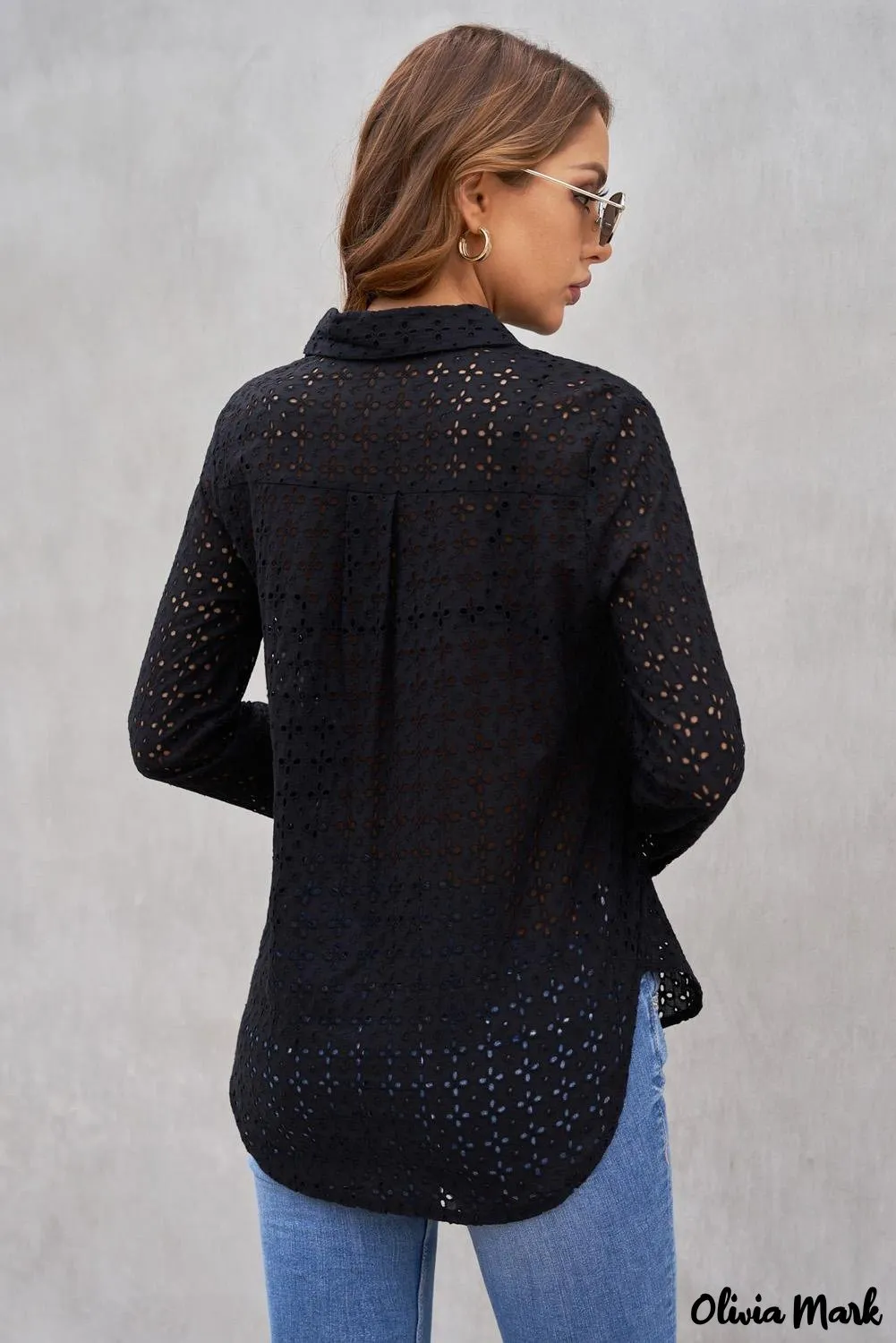 Xieyinshe - Black Hollow Out Floral Eyelet Long Sleeve Shirt