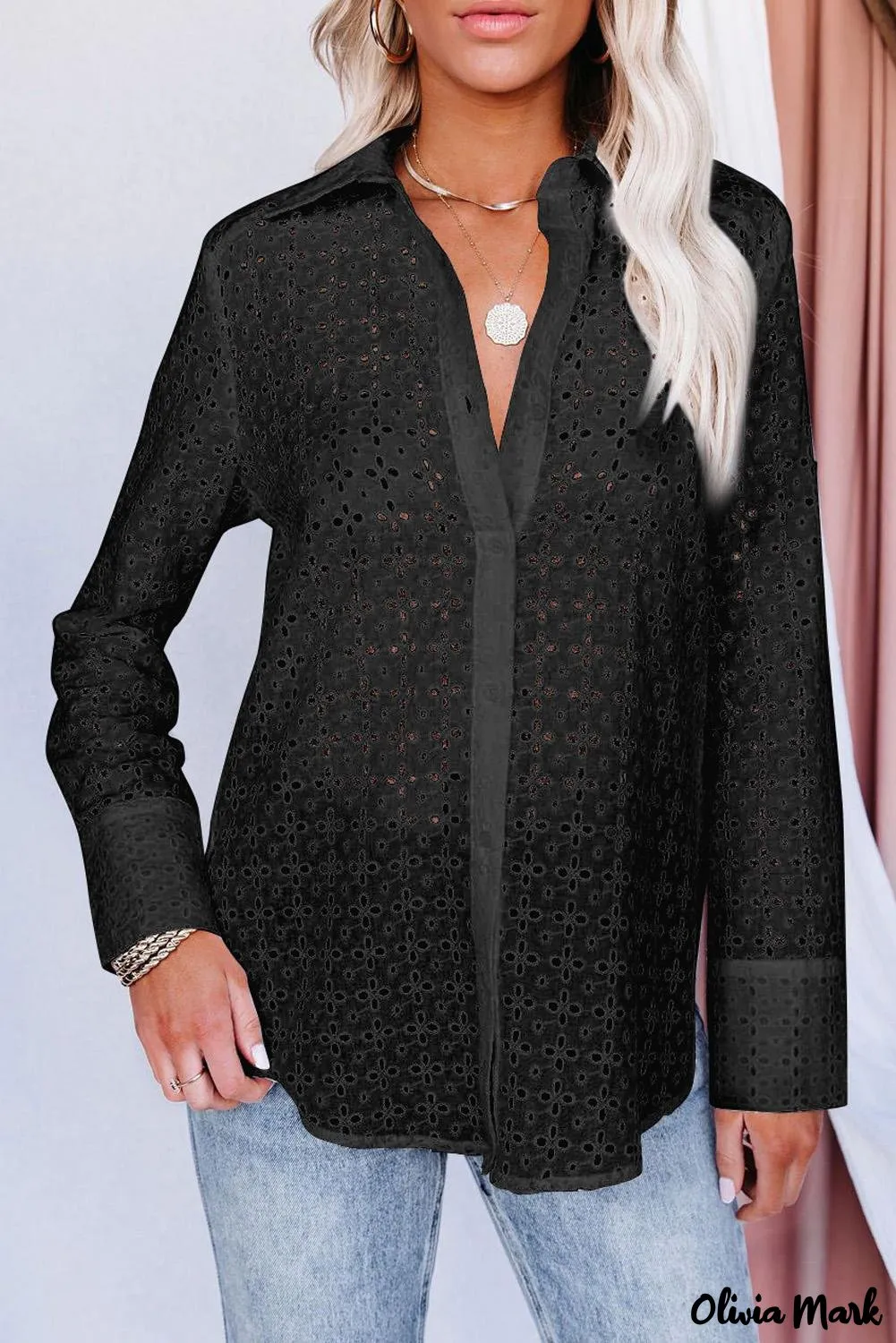 Xieyinshe - Black Hollow Out Floral Eyelet Long Sleeve Shirt