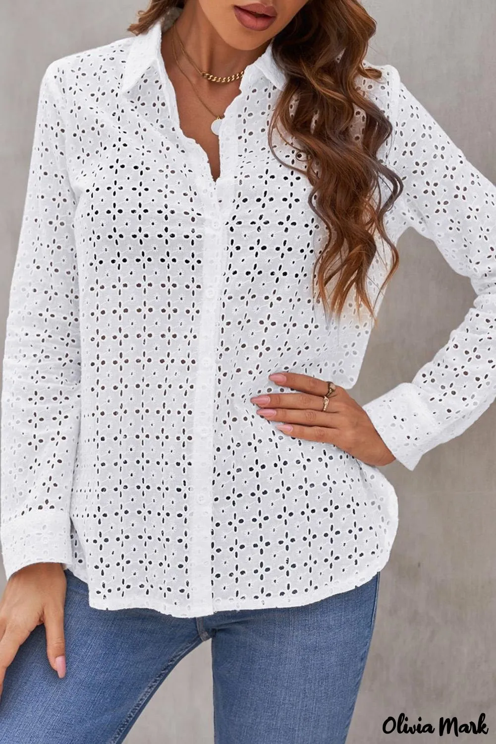 Xieyinshe - Black Hollow Out Floral Eyelet Long Sleeve Shirt