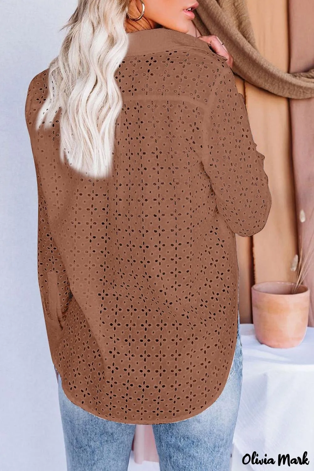 Xieyinshe - Black Hollow Out Floral Eyelet Long Sleeve Shirt