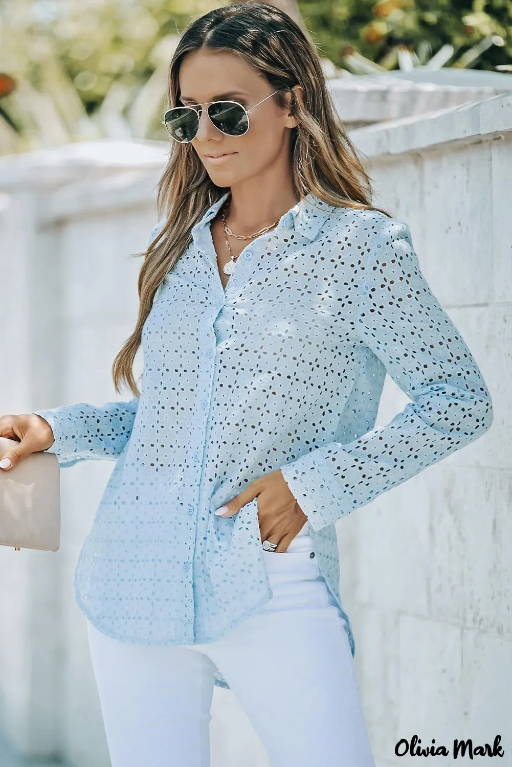 Xieyinshe - Black Hollow Out Floral Eyelet Long Sleeve Shirt
