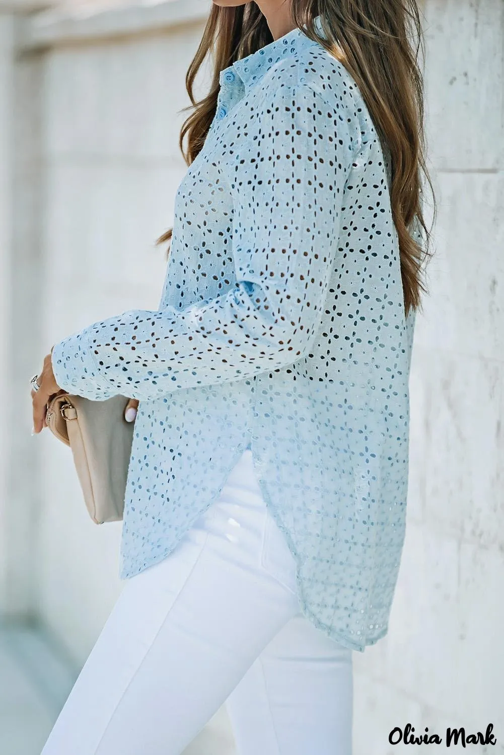 Xieyinshe - Black Hollow Out Floral Eyelet Long Sleeve Shirt