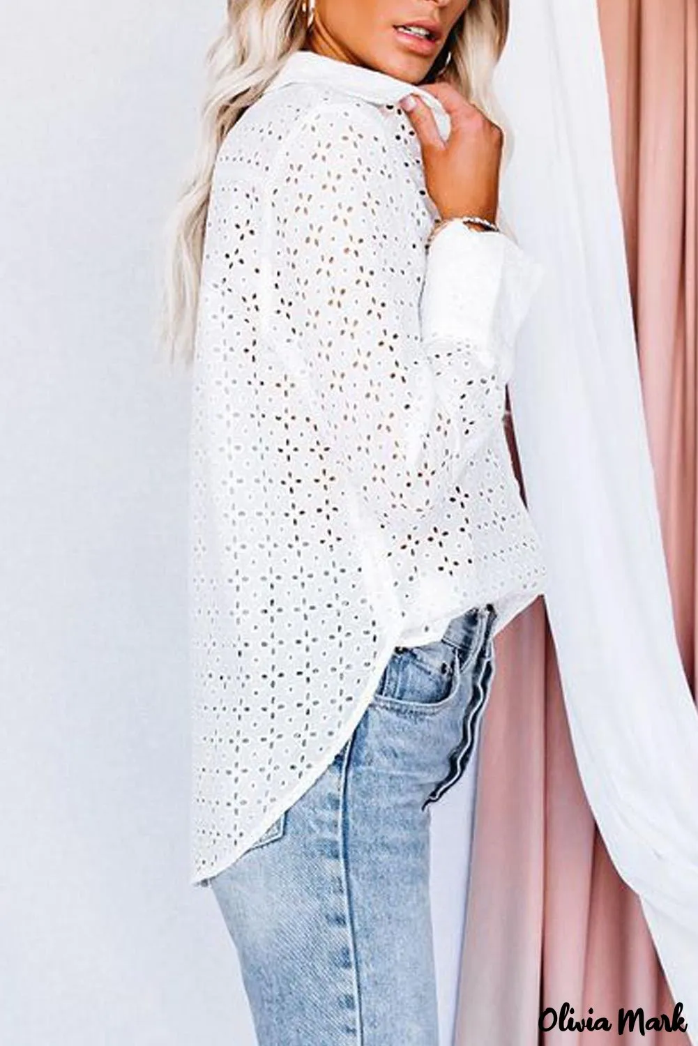 Xieyinshe - Black Hollow Out Floral Eyelet Long Sleeve Shirt