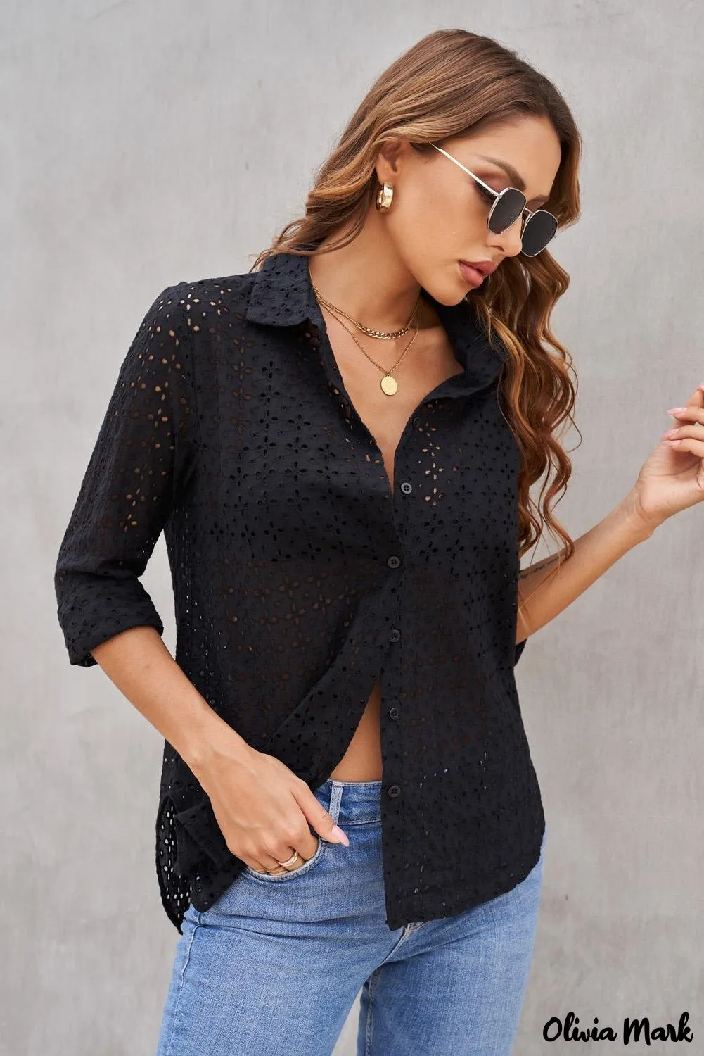 Xieyinshe - Black Hollow Out Floral Eyelet Long Sleeve Shirt