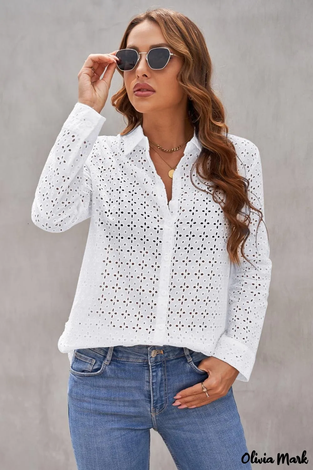 Xieyinshe - Black Hollow Out Floral Eyelet Long Sleeve Shirt