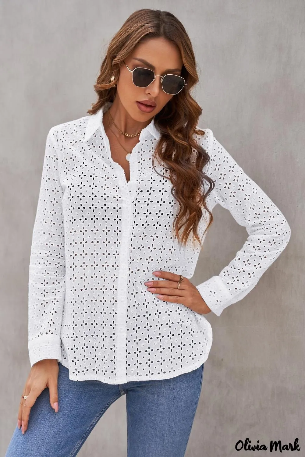 Xieyinshe - Black Hollow Out Floral Eyelet Long Sleeve Shirt