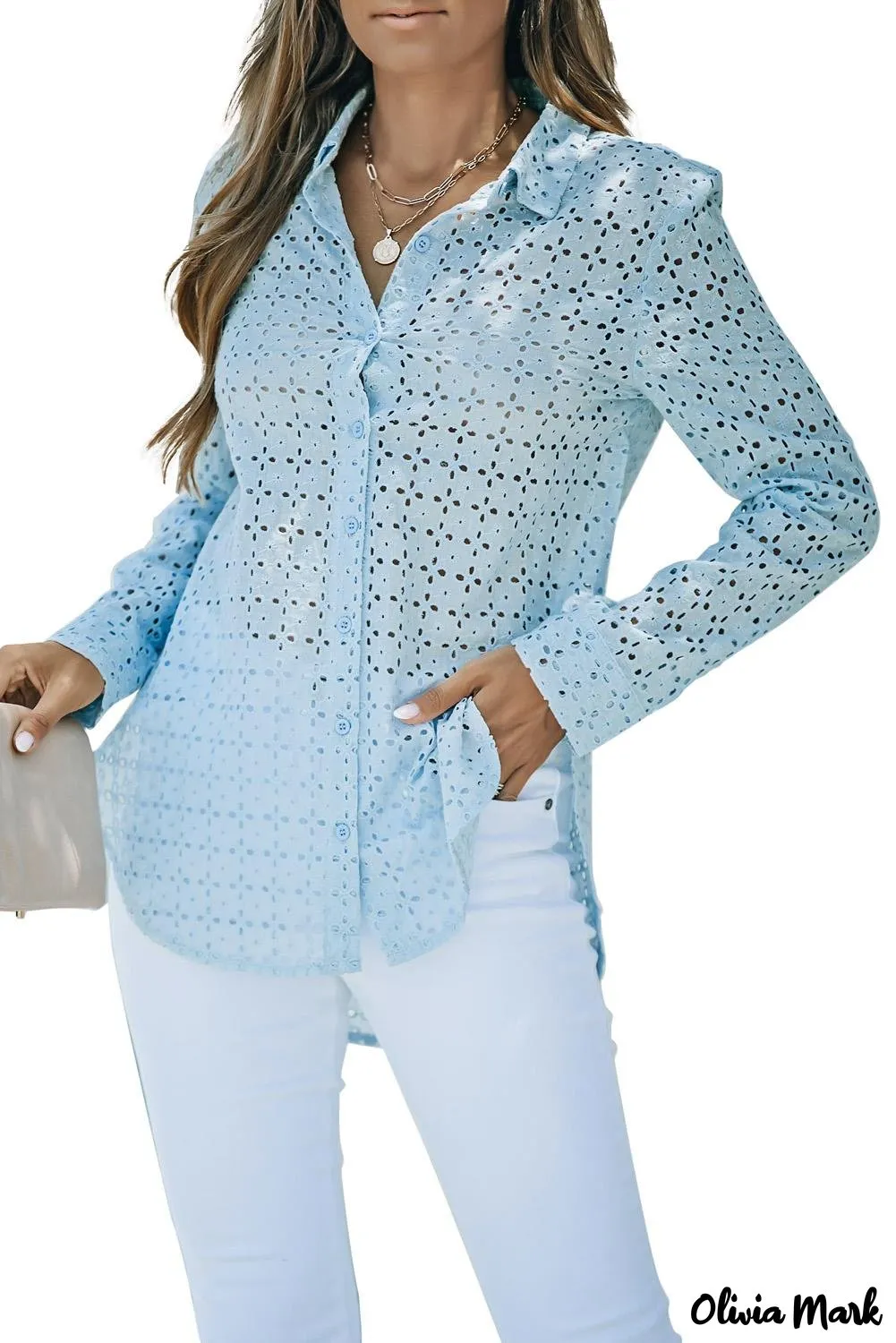 Xieyinshe - Black Hollow Out Floral Eyelet Long Sleeve Shirt