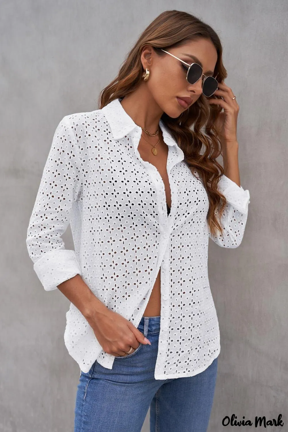 Xieyinshe - Black Hollow Out Floral Eyelet Long Sleeve Shirt