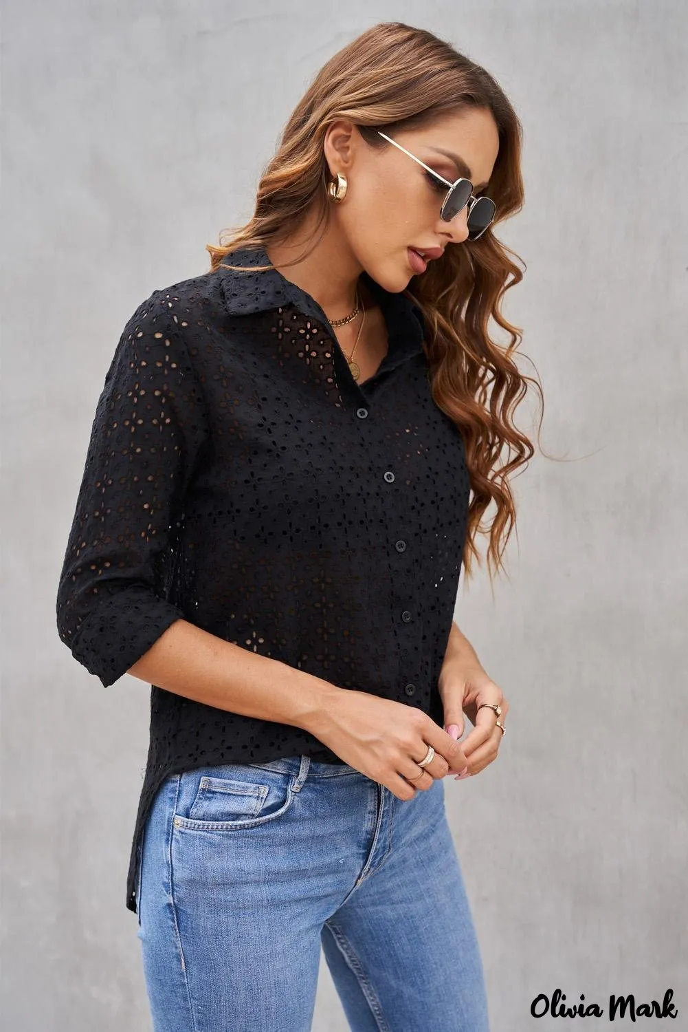 Xieyinshe - Black Hollow Out Floral Eyelet Long Sleeve Shirt