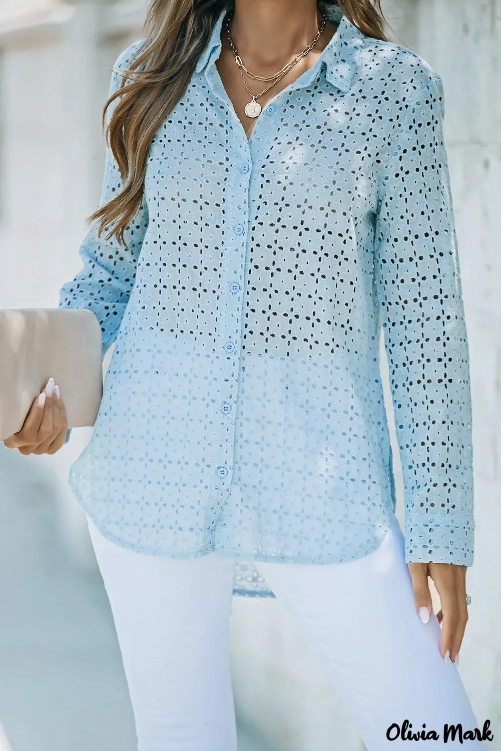 Xieyinshe - Black Hollow Out Floral Eyelet Long Sleeve Shirt