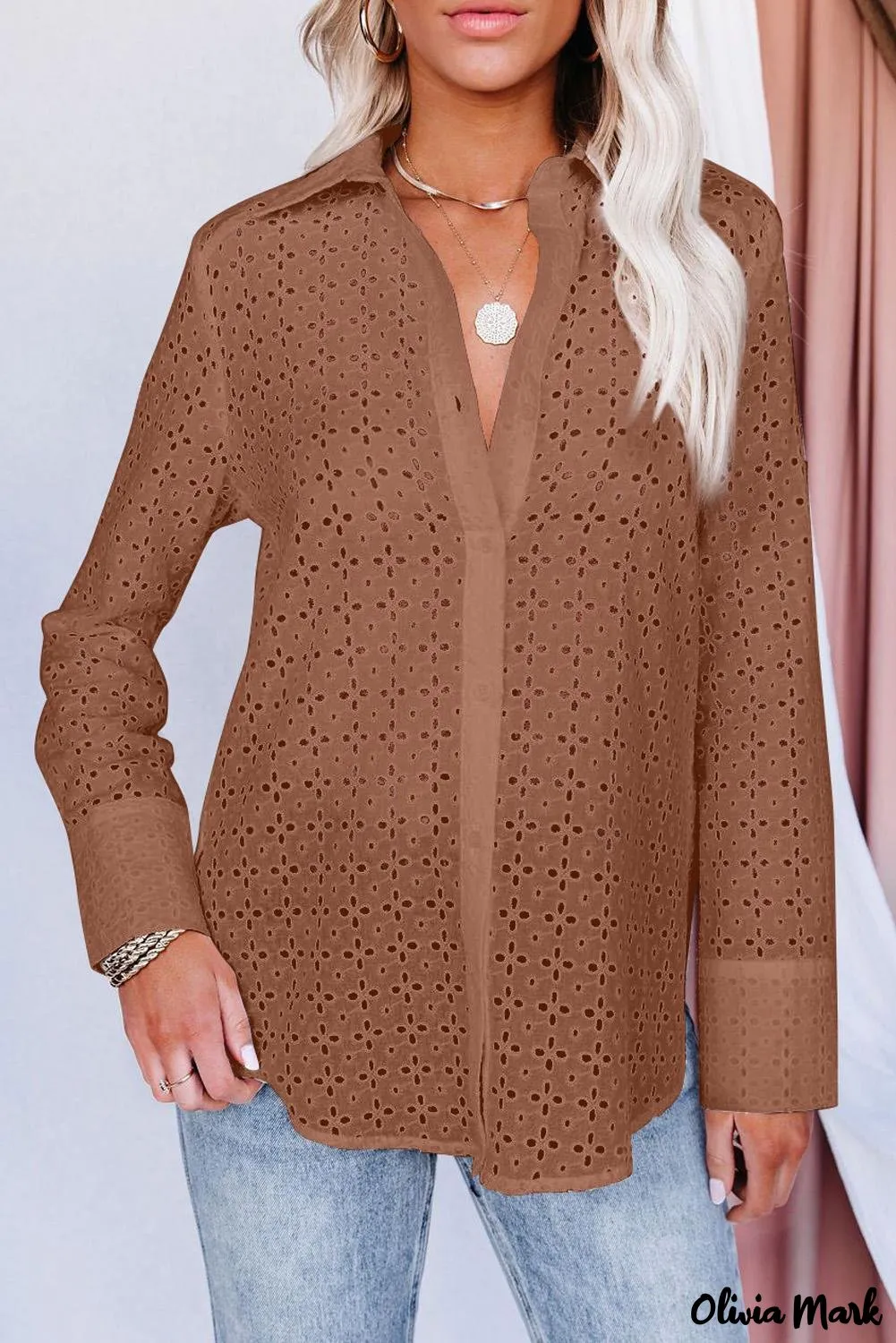 Xieyinshe - Black Hollow Out Floral Eyelet Long Sleeve Shirt