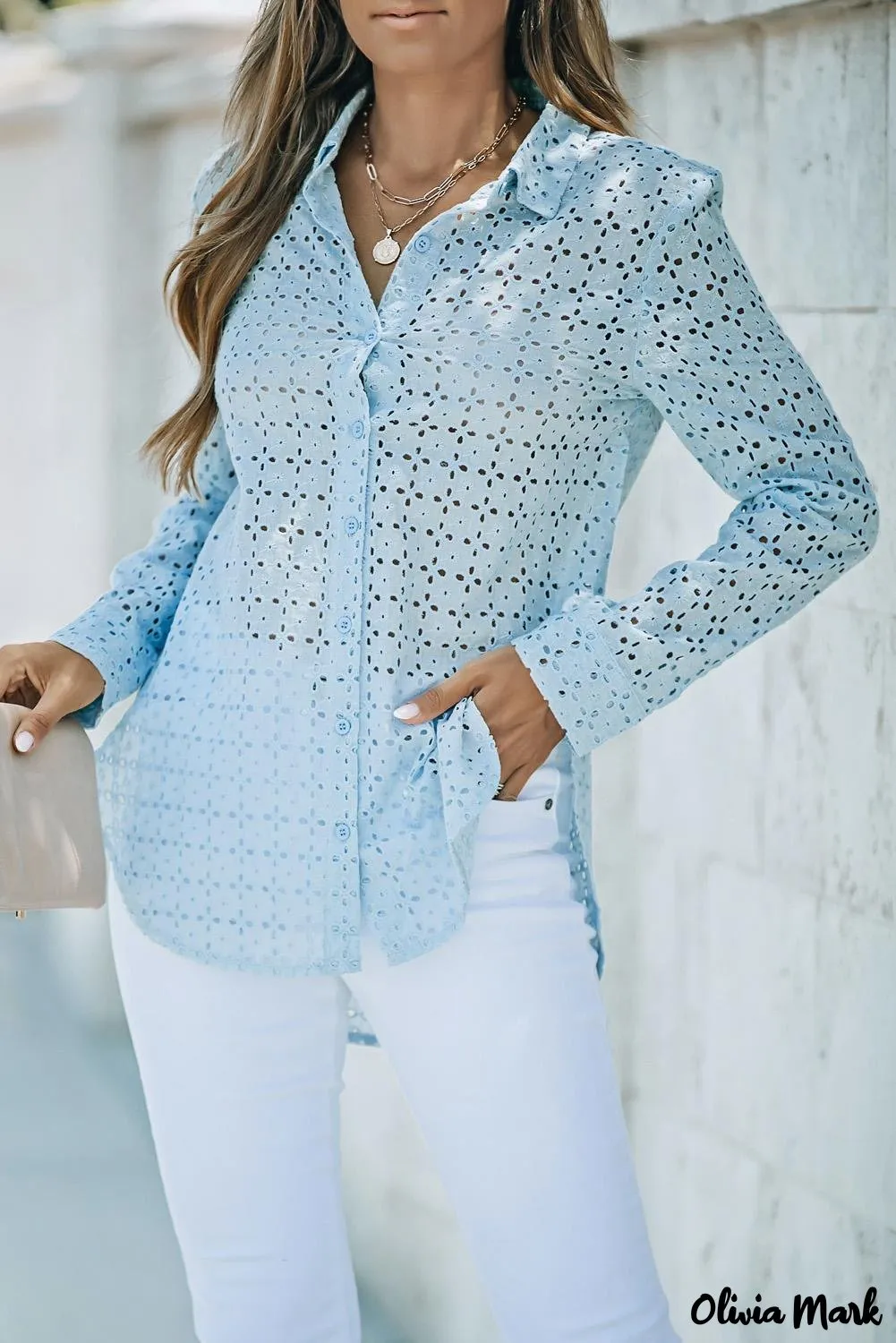 Xieyinshe - Black Hollow Out Floral Eyelet Long Sleeve Shirt