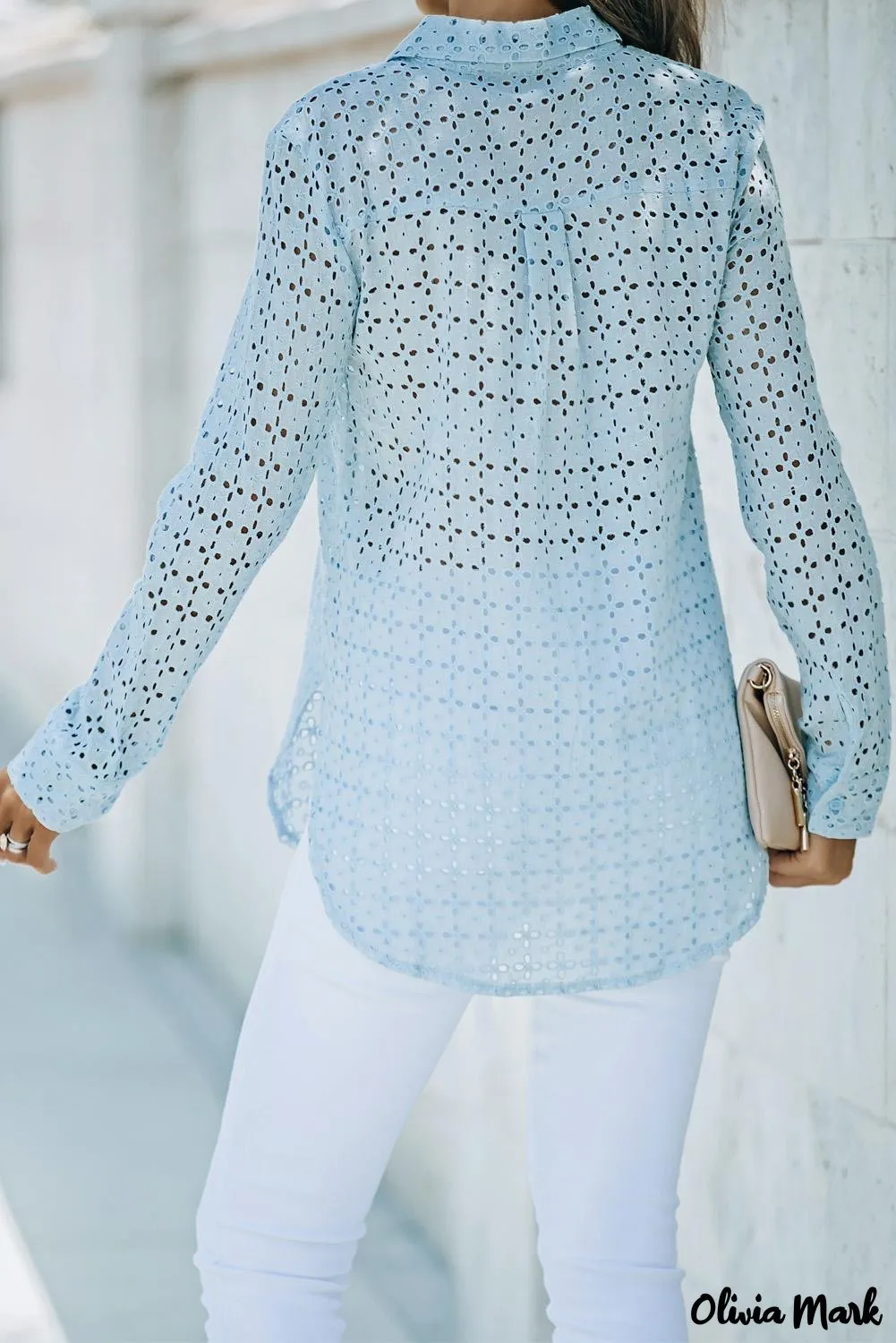 Xieyinshe - Black Hollow Out Floral Eyelet Long Sleeve Shirt