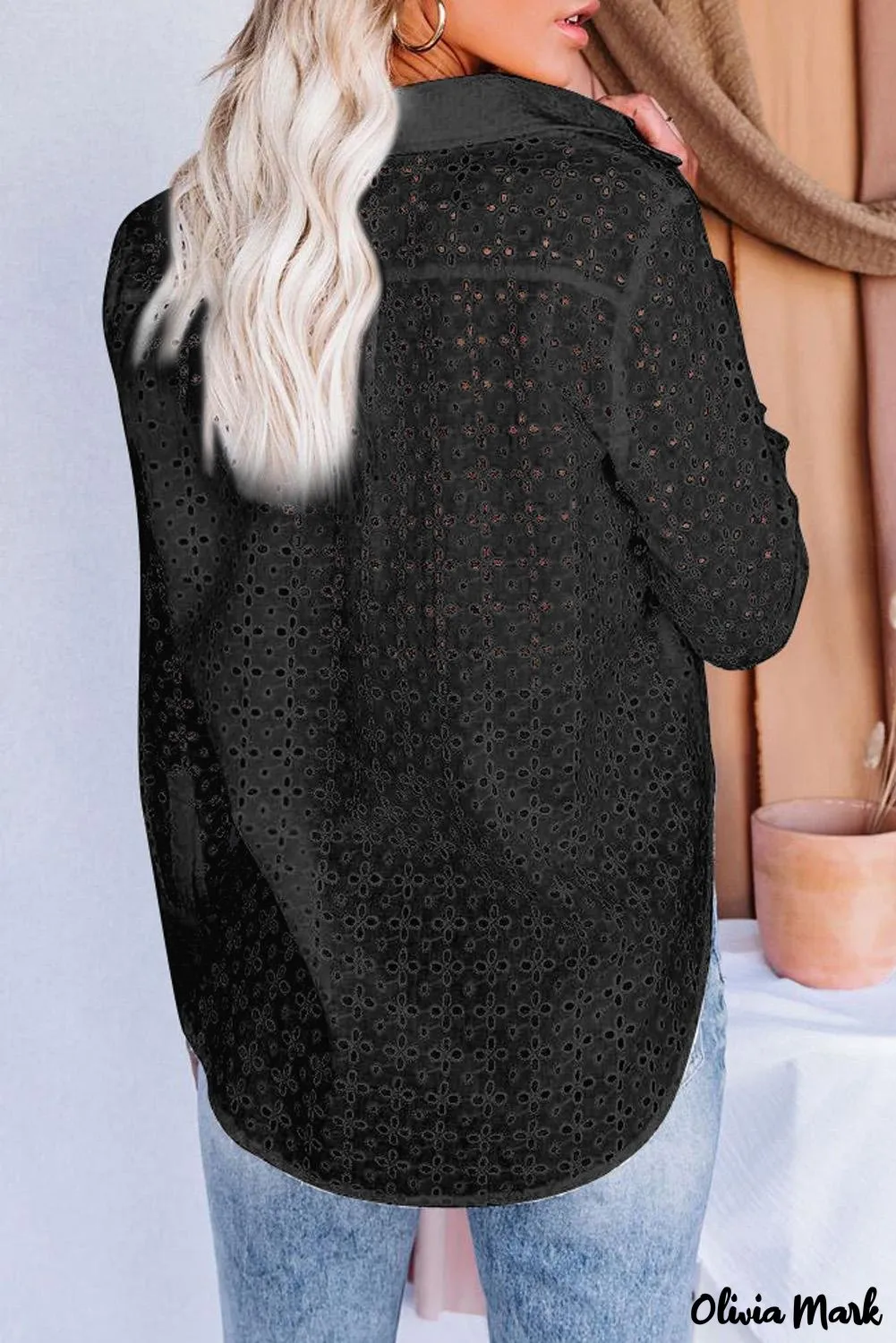 Xieyinshe - Black Hollow Out Floral Eyelet Long Sleeve Shirt