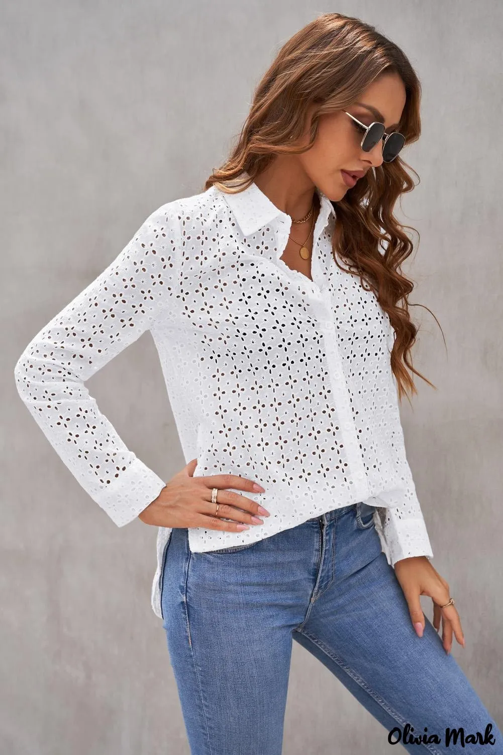 Xieyinshe - Black Hollow Out Floral Eyelet Long Sleeve Shirt