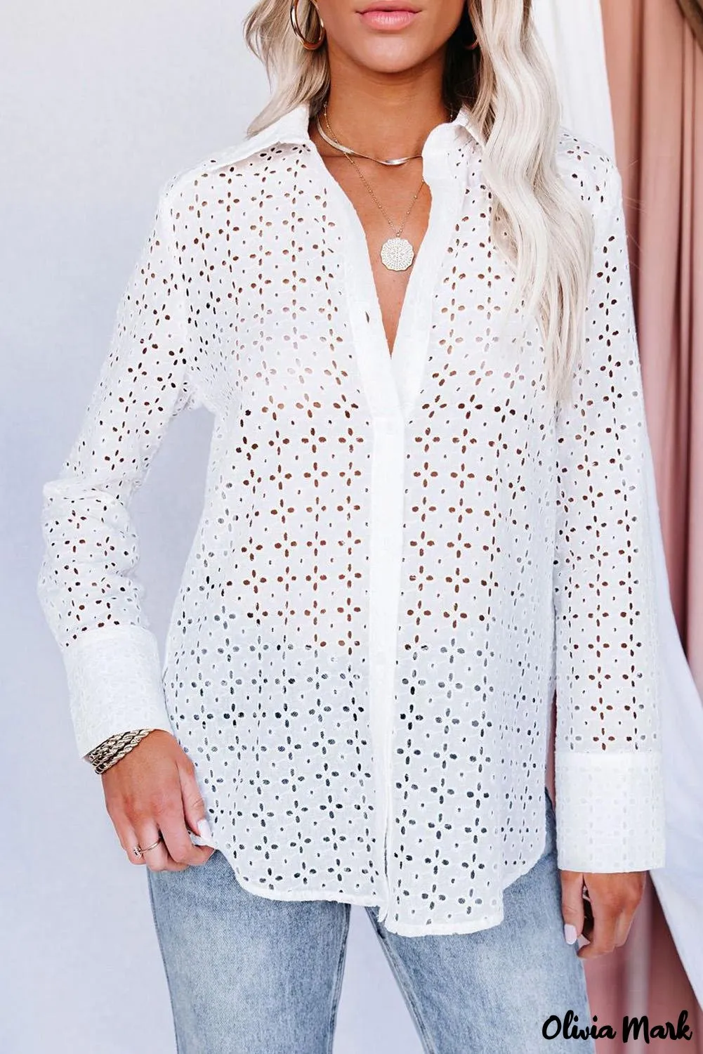 Xieyinshe - Black Hollow Out Floral Eyelet Long Sleeve Shirt