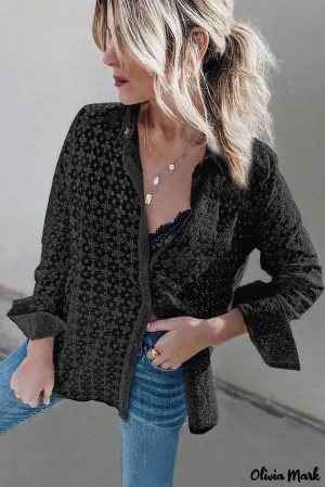 Xieyinshe - Black Hollow Out Floral Eyelet Long Sleeve Shirt