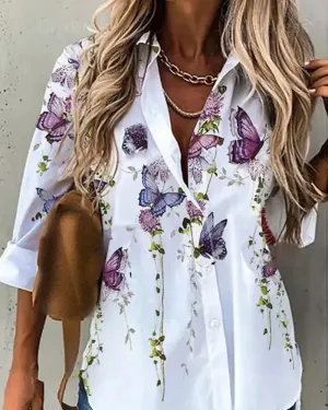 Xieyinshe - Butterfly Floral Print Long Sleeve Shirt