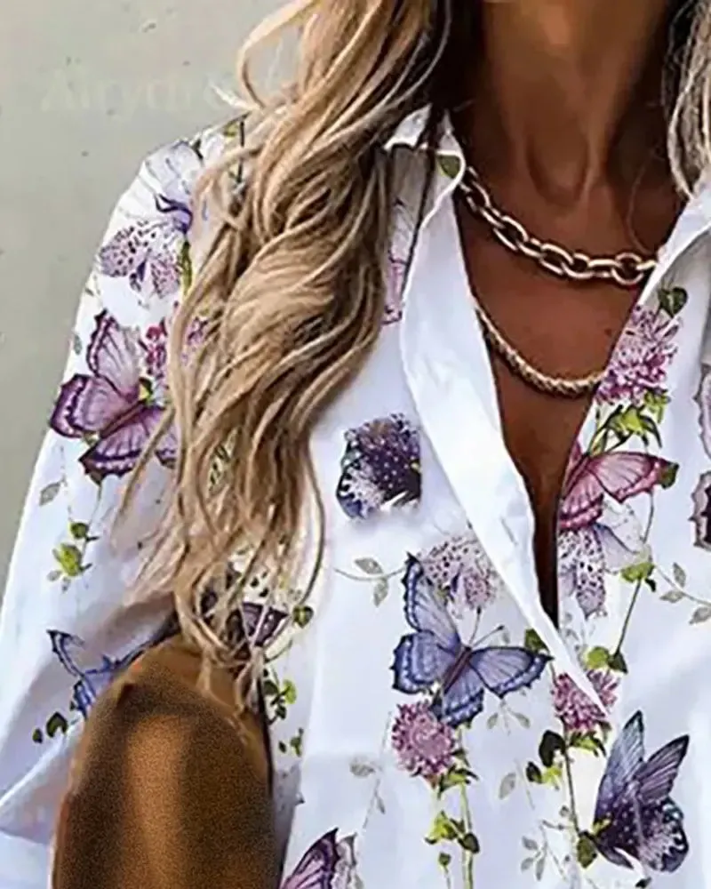 Xieyinshe - Butterfly Floral Print Long Sleeve Shirt