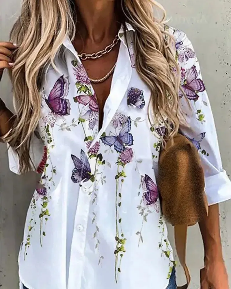 Xieyinshe - Butterfly Floral Print Long Sleeve Shirt