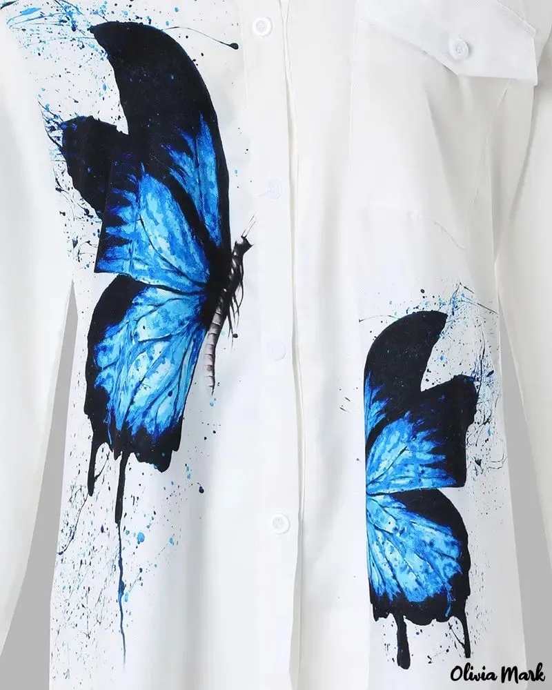Xieyinshe - Butterfly Print Long Sleeve Button Down Shirt