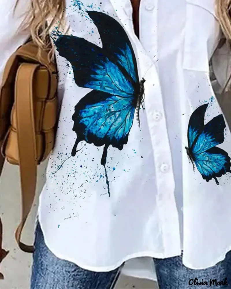 Xieyinshe - Butterfly Print Long Sleeve Button Down Shirt